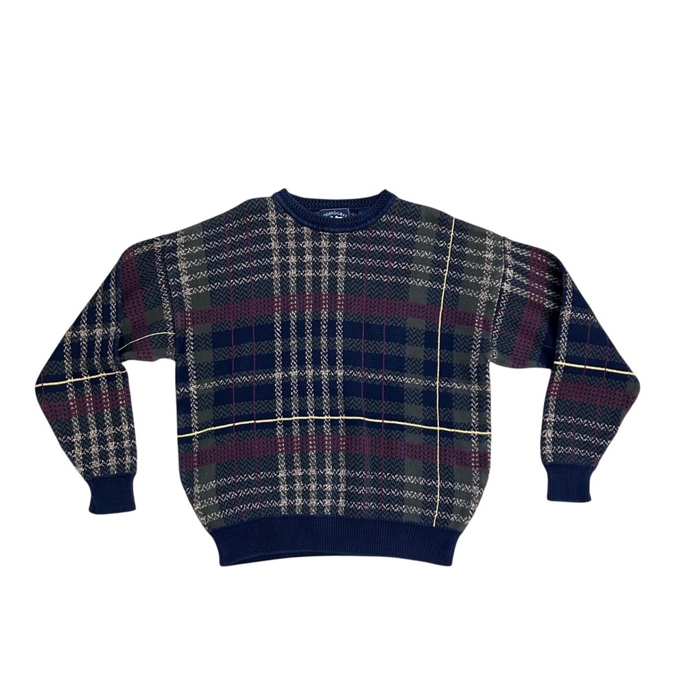 Vintage Mens Plaid Crewneck grandpa Sweater Navy Green Burgundy M preppy